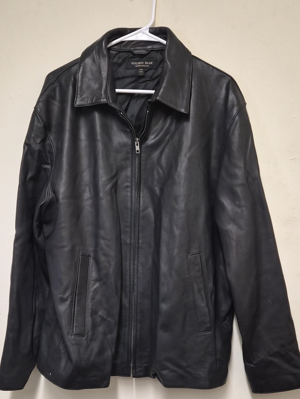 Golden Bear Men's Black Leather Bomber Jacket Size L